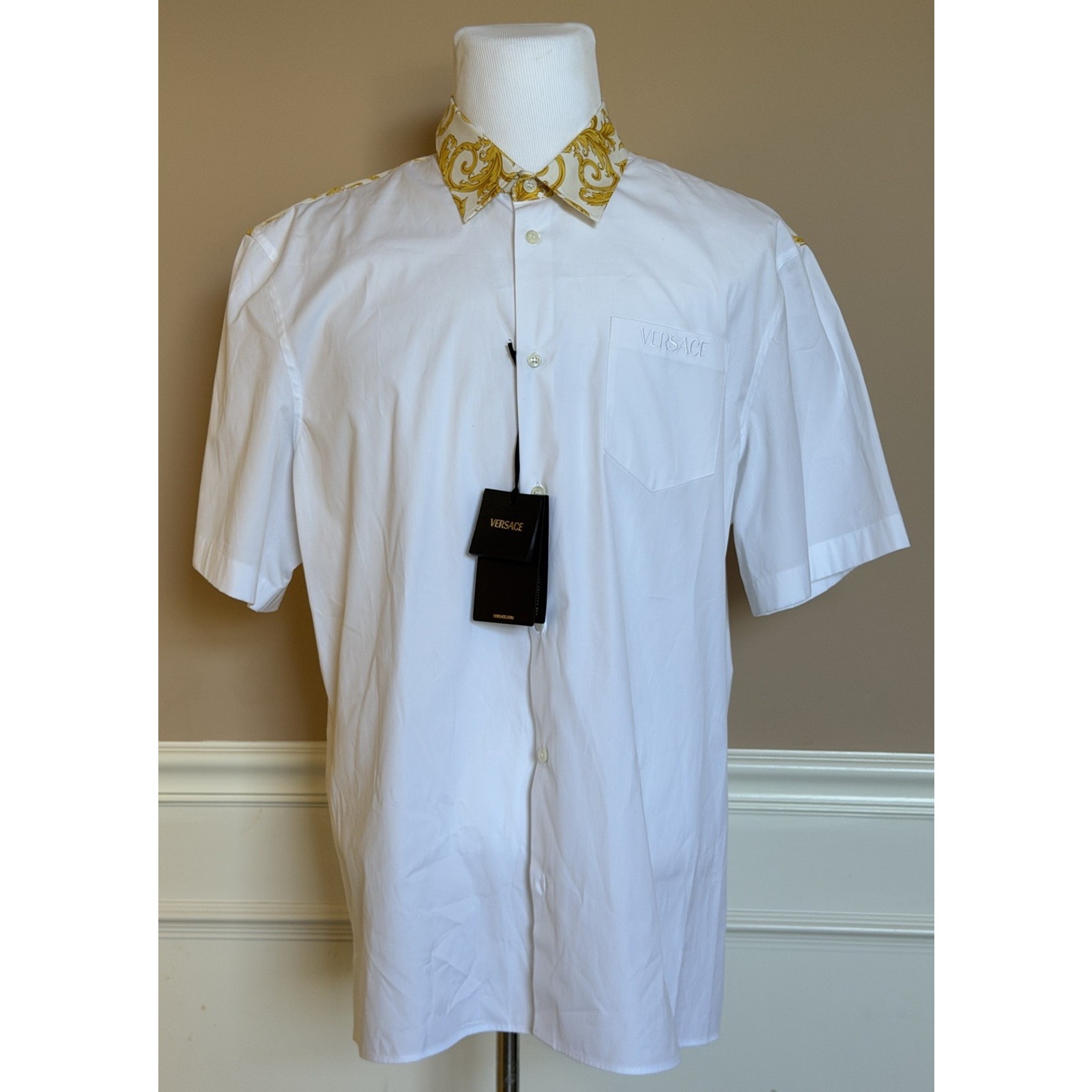 Versace Graphic Print Short Sleeve Shirt White&Gold 58 Euro (Xl-2xl) 1019157 Nwt